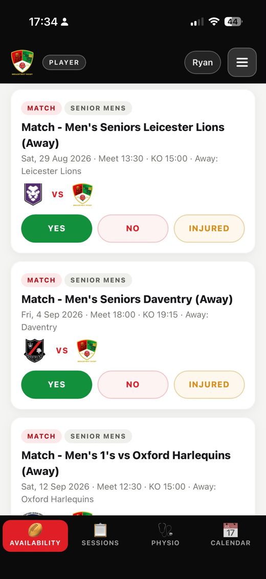 Club Manager fixtures with one-tap Yes, No or Injured availability responses