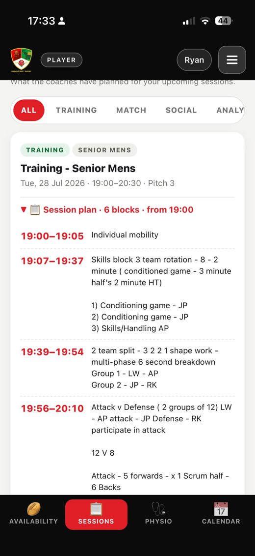 Training session plan with timed coaching blocks