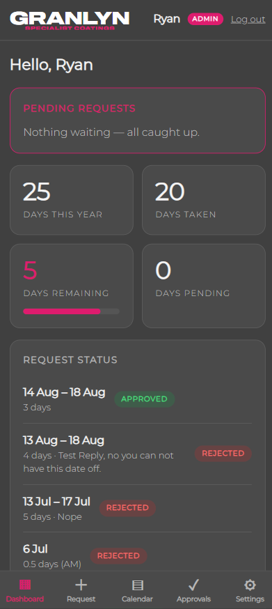 Holiday Manager dashboard on a phone: days remaining, days taken and request statuses