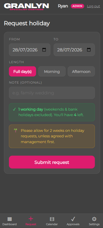 Holiday request form on a phone with automatic working-day calculation